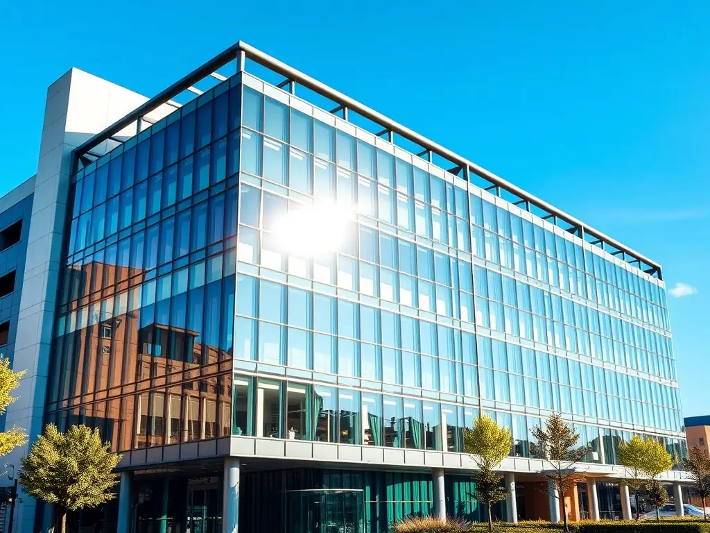 A sleek image of a modern commercial building with maintenance workers inspecting the facade, highlighting professionalism and quality.