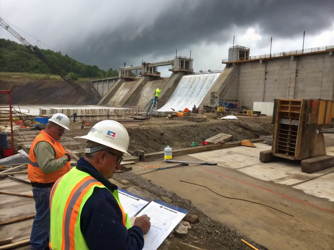 An image of civil engineers working on site with heavy machinery, showcasing infrastructure development.