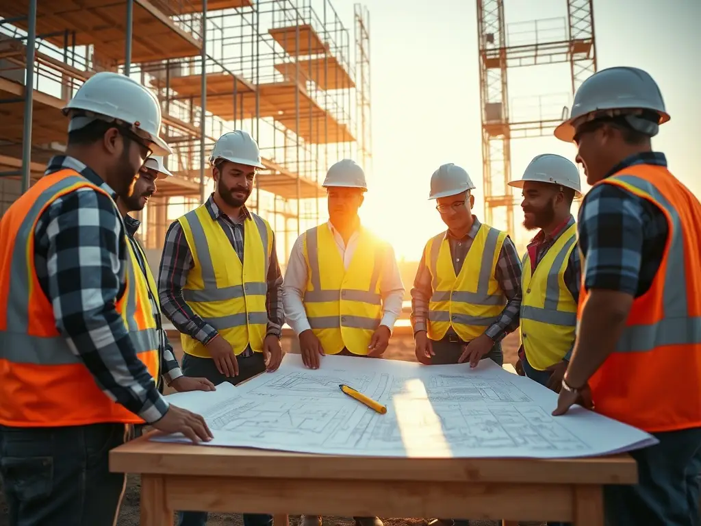 A photo of a diverse team of skilled tradespeople working collaboratively on a building maintenance project, showcasing their multi-trade capabilities and teamwork.